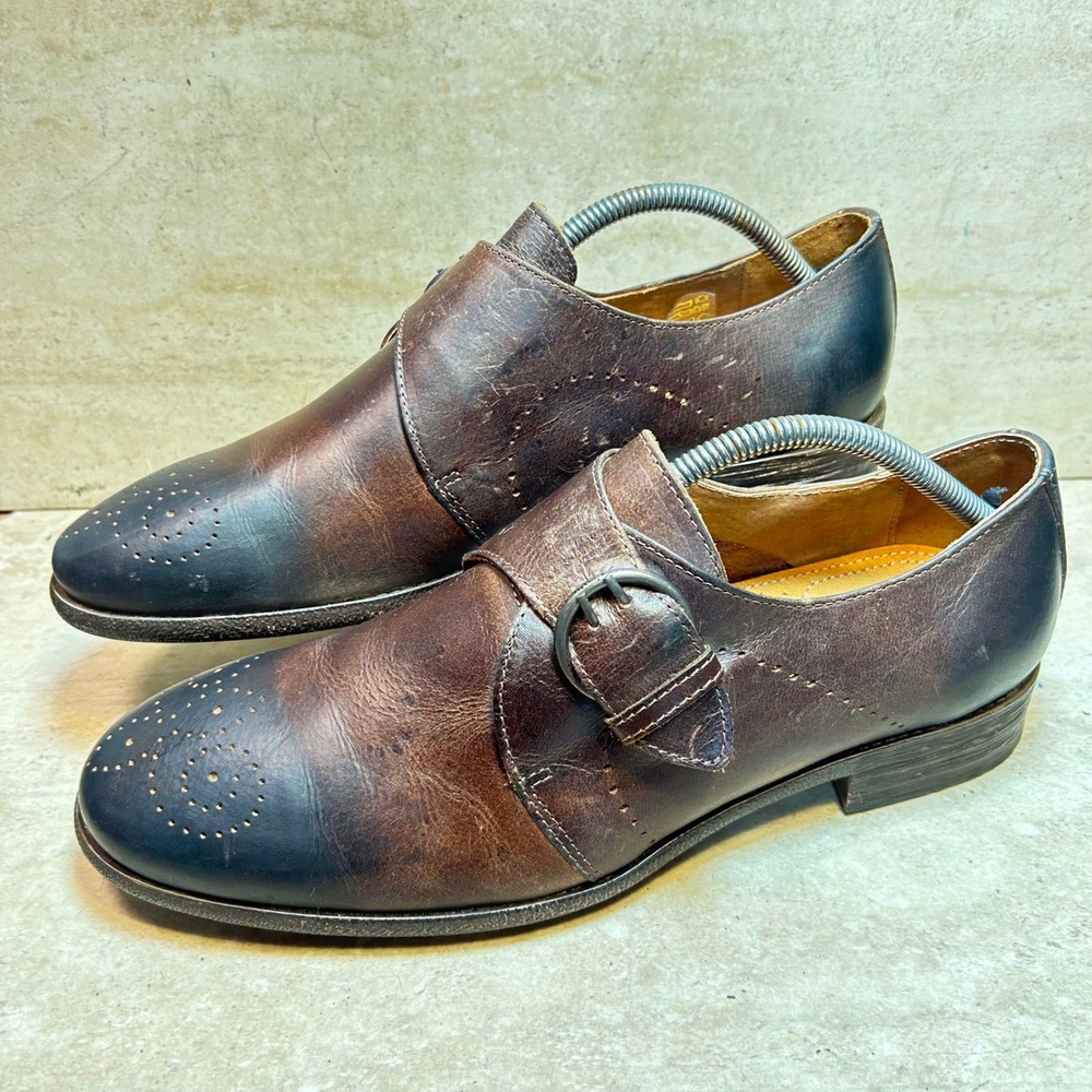 Robert Wayne Montana Brown Navy Burnished Leather Monk Strap Shoes Mens 10.5D